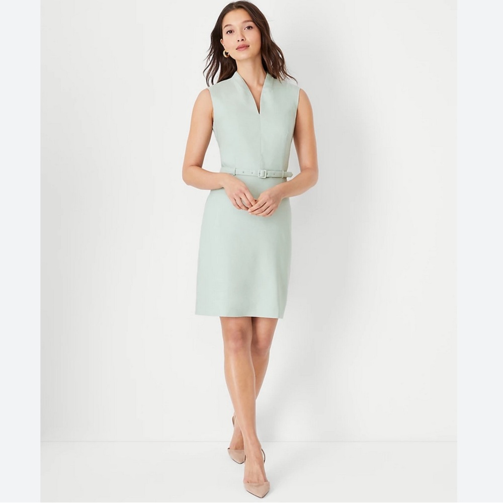 Ann Taylor The Belted V-Neck Dress In Linen Blend In Aqua Gray Size 10 NWTS
